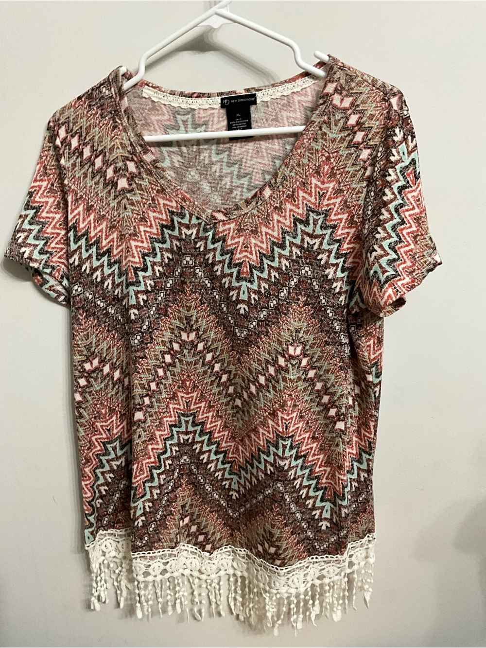 new directions Coral, Brown & Cream Zigzag V-Neck Blouse with Crochet Fringe